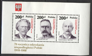 Znaczki Pocztowe. 3026-3028 Blok 136 czysty** 70 rocznica odzyskania niepodległości Polski (IV) 